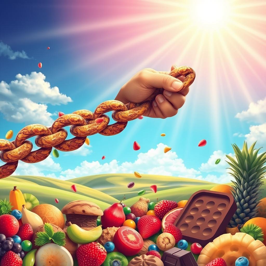 An inspiring and visually striking illustration showing the concept of breaking the chain of addiction to sweets