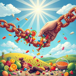 An inspiring and visually striking illustration showing the concept of breaking the chain of addiction to sweets