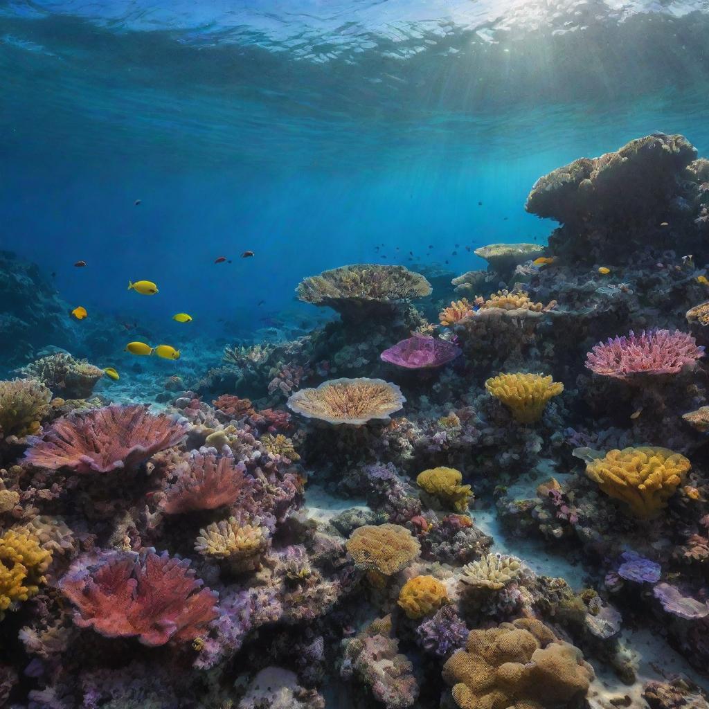 An underwater landscape portraying a vibrant, intricate seafloor. There's an array of colorful corals, sponges, and exotic sea life, bathed in the warm, ethereal light filtering through the water's surface.