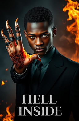 A striking image of a young black man with captivating light green eyes, dressed in a tailored black suit