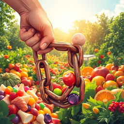 A striking illustration that visualizes breaking the chain of addiction to unnatural sweets, featuring a close-up of a strong hand breaking apart a heavy chain made of colorful, artificial candy and sugary snacks