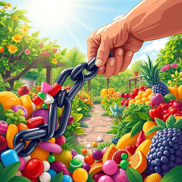 A striking illustration that visualizes breaking the chain of addiction to unnatural sweets, featuring a close-up of a strong hand breaking apart a heavy chain made of colorful, artificial candy and sugary snacks