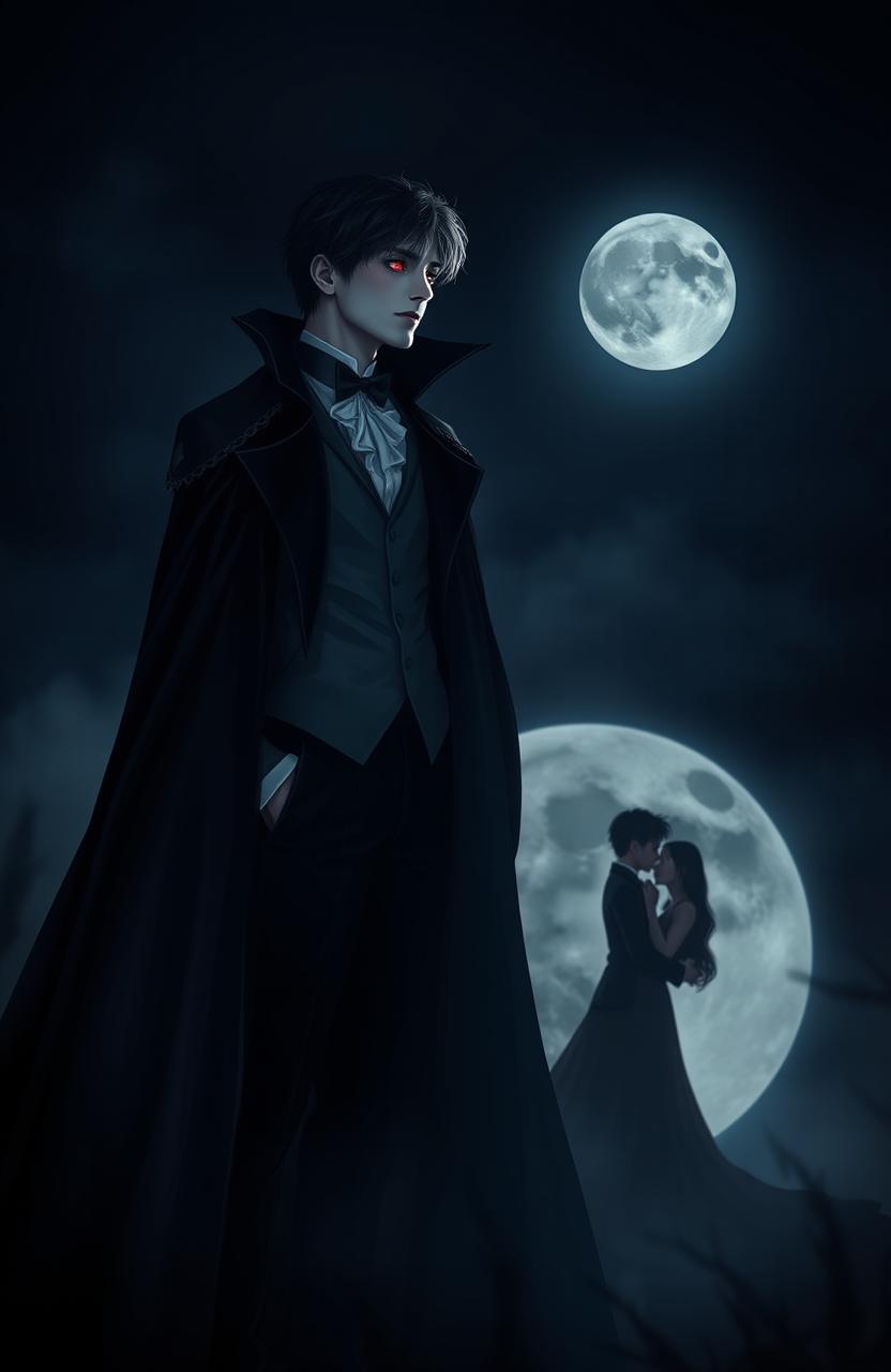 A male vampire in a dark, atmospheric setting, standing elegantly with an air of mystique, gazing adoringly at a couple silhouetted against a moonlit backdrop