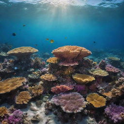 An underwater landscape portraying a vibrant, intricate seafloor. There's an array of colorful corals, sponges, and exotic sea life, bathed in the warm, ethereal light filtering through the water's surface.