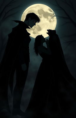 A male vampire in a dark, atmospheric setting, standing elegantly with an air of mystique, gazing adoringly at a couple silhouetted against a moonlit backdrop