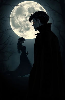 A male vampire in a dark, atmospheric setting, standing elegantly with an air of mystique, gazing adoringly at a couple silhouetted against a moonlit backdrop