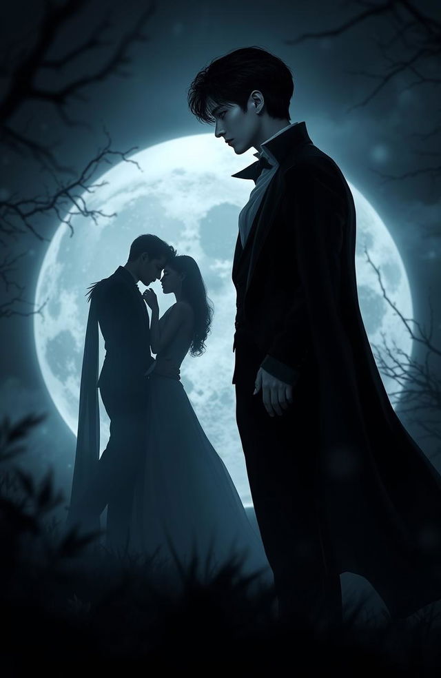 A male vampire in a dark, atmospheric setting, standing elegantly with an air of mystique, gazing adoringly at a couple silhouetted against a moonlit backdrop