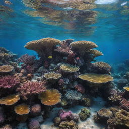 An underwater landscape portraying a vibrant, intricate seafloor. There's an array of colorful corals, sponges, and exotic sea life, bathed in the warm, ethereal light filtering through the water's surface.