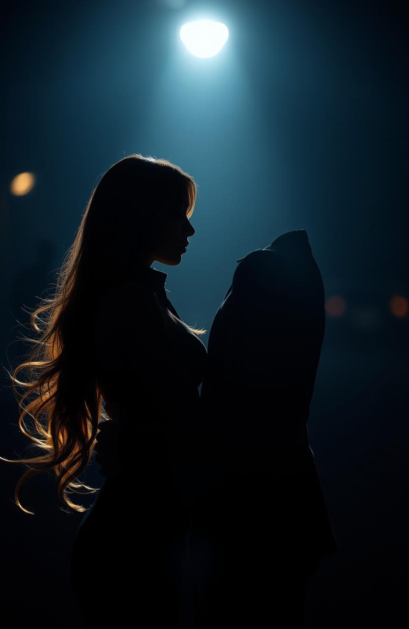 A silhouette of a couple in a tender embrace, with the man gently backhugs the woman