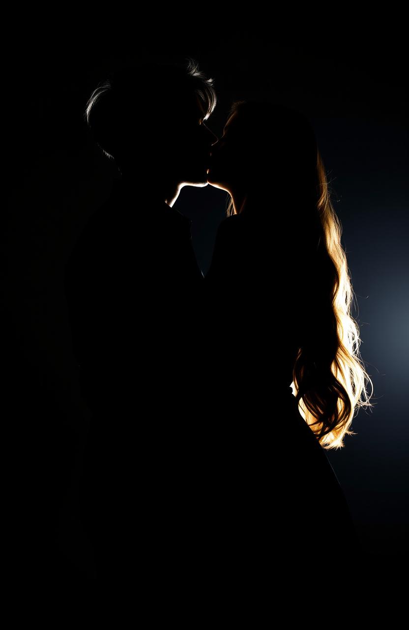 A romantic silhouette of a man and woman sharing a passionate kiss against a dark, moody background