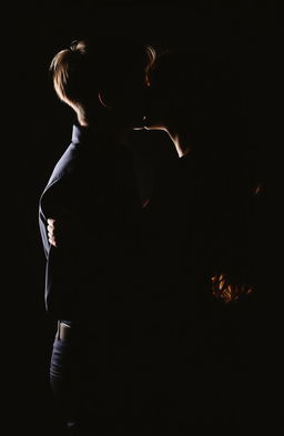 A romantic silhouette of a man and woman sharing a passionate kiss against a dark, moody background