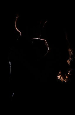 A romantic silhouette of a man and woman sharing a passionate kiss against a dark, moody background