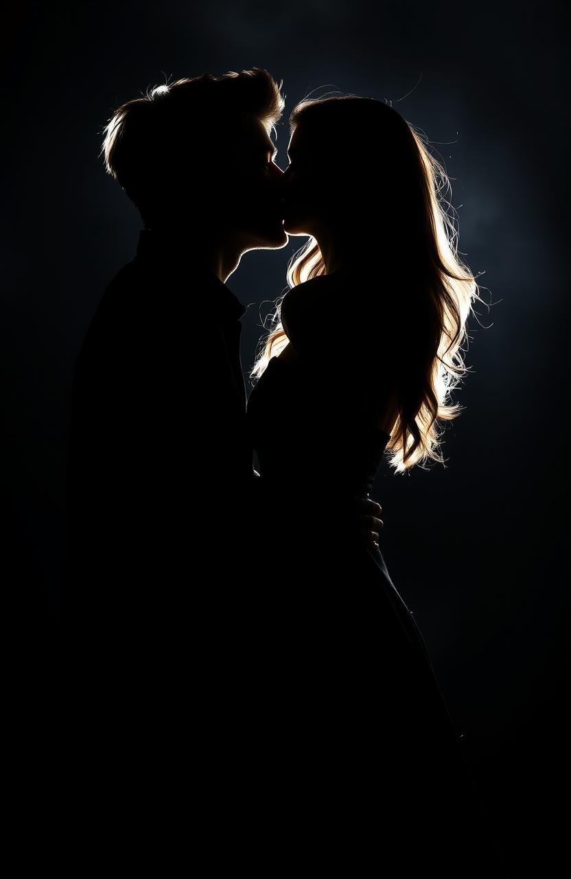 A romantic silhouette of a man and woman sharing a passionate kiss against a dark, moody background