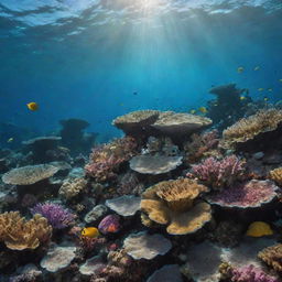 An underwater landscape portraying a vibrant, intricate seafloor. There's an array of colorful corals, sponges, and exotic sea life, bathed in the warm, ethereal light filtering through the water's surface.