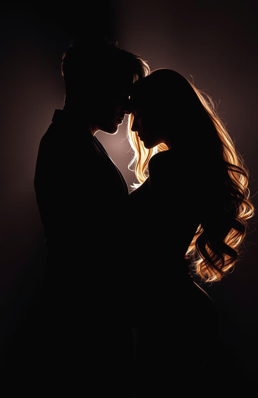 A seductive silhouette of a couple in a dramatic pose, featuring a strikingly handsome man with features reminiscent of Jungkook, a popular K-pop star, alongside a beautiful woman with flowing hair and alluring curves