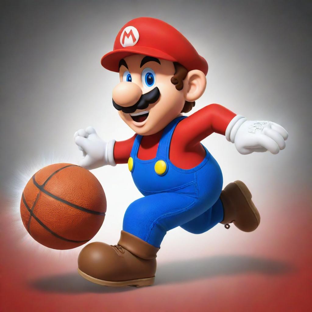 A dynamic, cartoon-style image of Mario from Super Mario Bros energetically playing basketball, dribbling the ball with skill and determination.