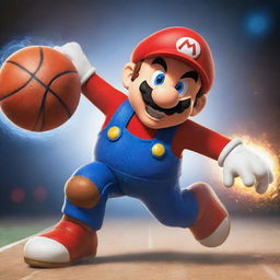 A dynamic, cartoon-style image of Mario from Super Mario Bros energetically playing basketball, dribbling the ball with skill and determination.