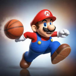 A dynamic, cartoon-style image of Mario from Super Mario Bros energetically playing basketball, dribbling the ball with skill and determination.