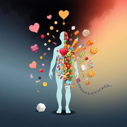 A powerful and thought-provoking illustration depicting the journey of getting rid of sugar addiction and the harmful effects of sugar on health