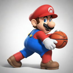 A dynamic, cartoon-style image of Mario from Super Mario Bros energetically playing basketball, dribbling the ball with skill and determination.