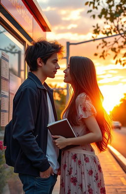 A romantic scene depicting two strangers meeting at a bus stop during a vibrant sunset