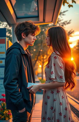 A romantic scene depicting two strangers meeting at a bus stop during a vibrant sunset