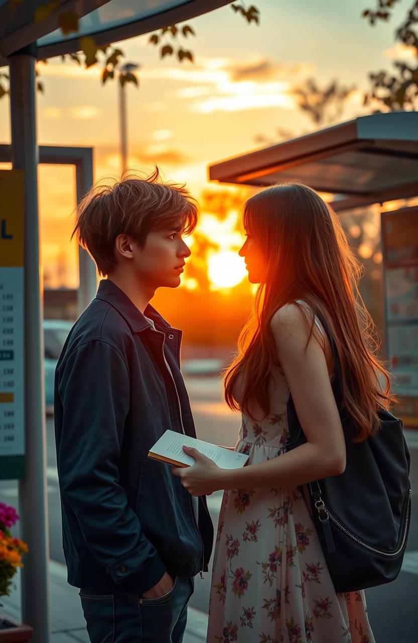 A romantic scene depicting two strangers meeting at a bus stop during a vibrant sunset