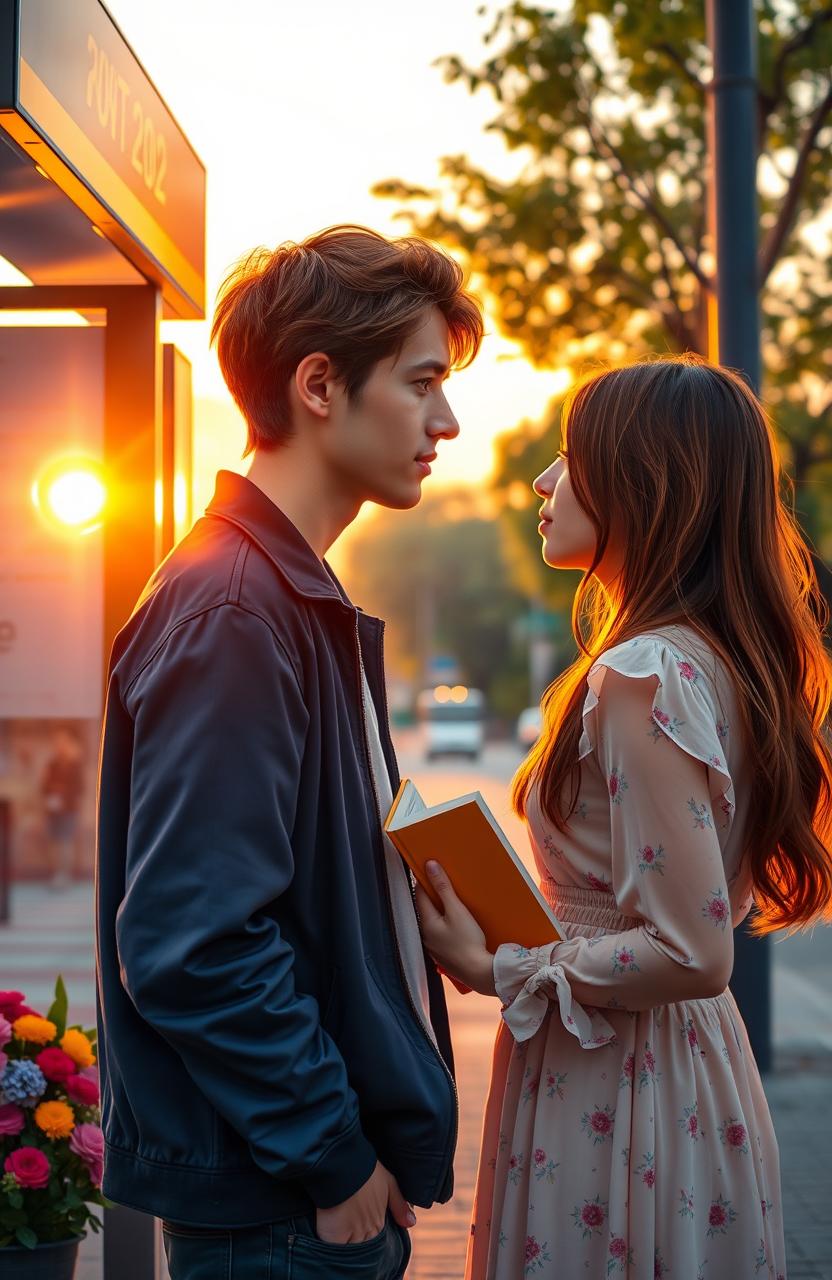 A romantic scene depicting two strangers meeting at a bus stop during a vibrant sunset