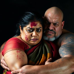 A gripping scene featuring a bruised and cut plump Indian female character in a vibrant saree, displaying a look of fear and distress as she is held firmly by an older, angry white Caucasian fat bald man