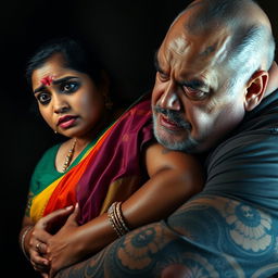 A gripping scene featuring a bruised and cut plump Indian female character in a vibrant saree, displaying a look of fear and distress as she is held firmly by an older, angry white Caucasian fat bald man