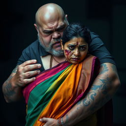 A gripping scene featuring a bruised and cut plump Indian female character in a vibrant saree, displaying a look of fear and distress as she is held firmly by an older, angry white Caucasian fat bald man