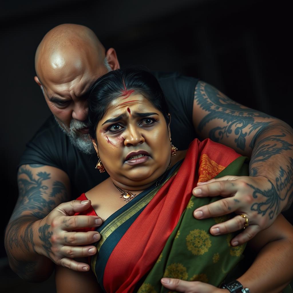 A gripping scene featuring a bruised and cut plump Indian female character in a vibrant saree, displaying a look of fear and distress as she is held firmly by an older, angry white Caucasian fat bald man