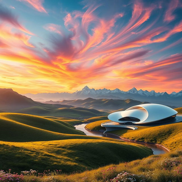 A stunning, futuristic landscape featuring rolling hills under a vibrant sunset, with swirling clouds painted in shades of orange, pink, and purple