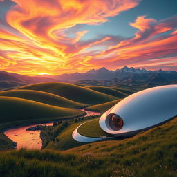 A stunning, futuristic landscape featuring rolling hills under a vibrant sunset, with swirling clouds painted in shades of orange, pink, and purple