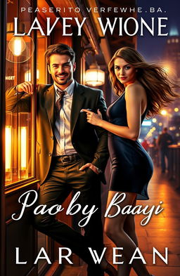 A captivating romance novel cover featuring a handsome, confident playboy lawyer in a tailored suit, leaning against the exterior of a stylish bar, with a charming smile