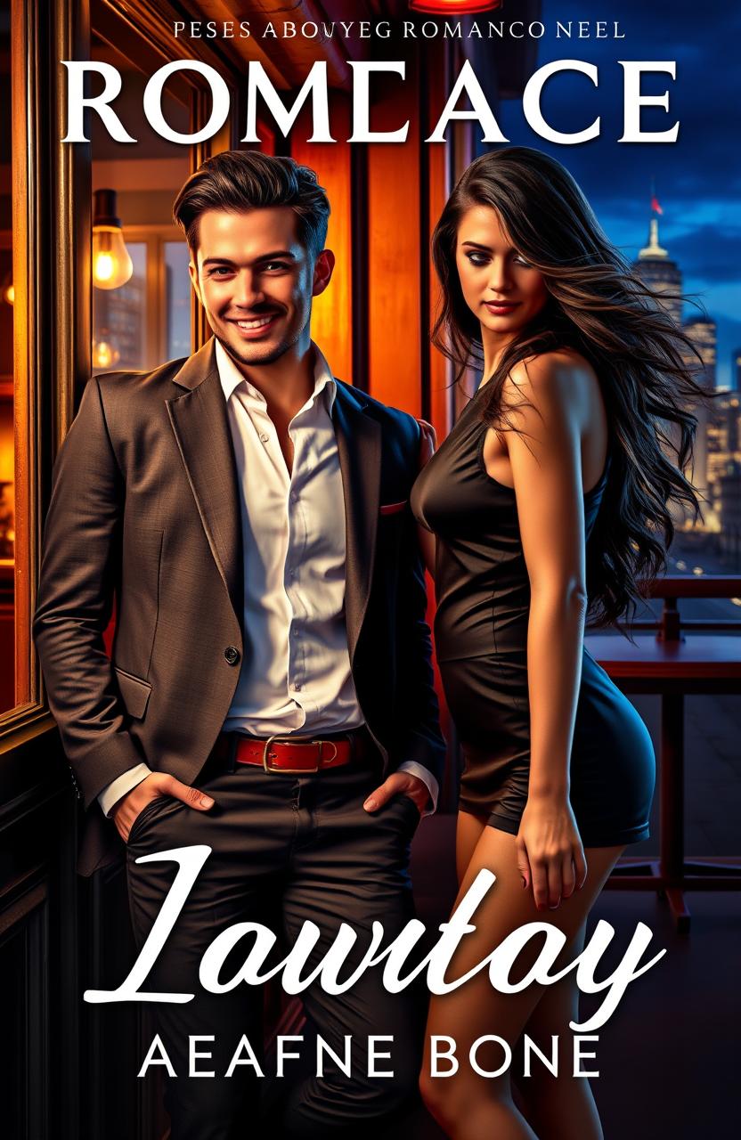 A captivating romance novel cover featuring a handsome, confident playboy lawyer in a tailored suit, leaning against the exterior of a stylish bar, with a charming smile