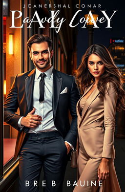 A captivating romance novel cover featuring a handsome, confident playboy lawyer in a tailored suit, leaning against the exterior of a stylish bar, with a charming smile