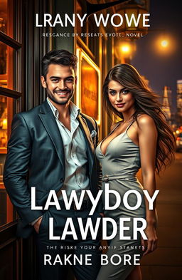 A captivating romance novel cover featuring a handsome, confident playboy lawyer in a tailored suit, leaning against the exterior of a stylish bar, with a charming smile