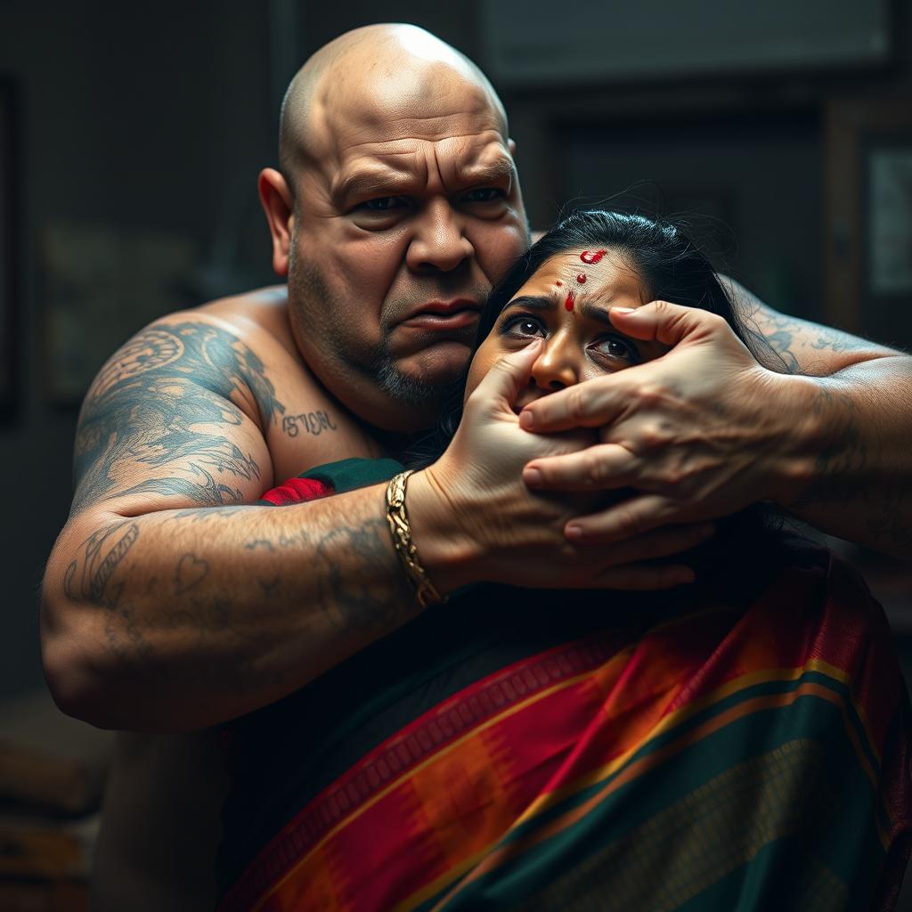 An intense and dramatic portrayal of a bruised and cut plump Indian female in a vibrant saree, expressing fear as she is choked by an older, angry white Caucasian fat bald man