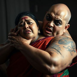 An intense and dramatic portrayal of a bruised and cut plump Indian female in a vibrant saree, expressing fear as she is choked by an older, angry white Caucasian fat bald man