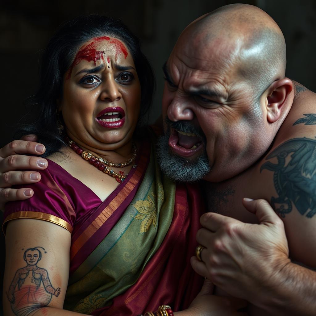 An intense and dramatic portrayal of a bruised and cut plump Indian female in a vibrant saree, expressing fear as she is choked by an older, angry white Caucasian fat bald man