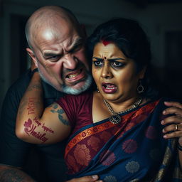 An intense and dramatic portrayal of a bruised and cut plump Indian female in a vibrant saree, expressing fear as she is choked by an older, angry white Caucasian fat bald man