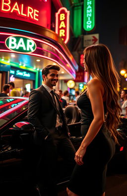 A romantic scene set outside a bustling bar at night