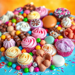 A vibrant and colorful display of various sweets, showcasing an array of delightful treats