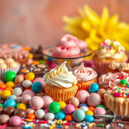 A vibrant and colorful display of various sweets, showcasing an array of delightful treats