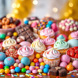 A vibrant and colorful display of various sweets, showcasing an array of delightful treats