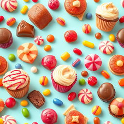 A delightful and colorful background filled with an irresistible assortment of sweets