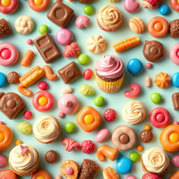 A delightful and colorful background filled with an irresistible assortment of sweets