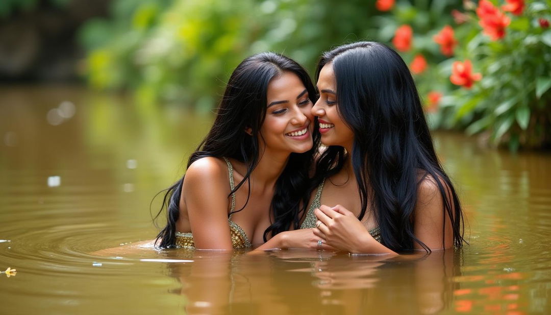 Two beautiful Indian ladies, both in their mid-30s with long black hair and attractive figures, are playfully posing in a wildlife pond