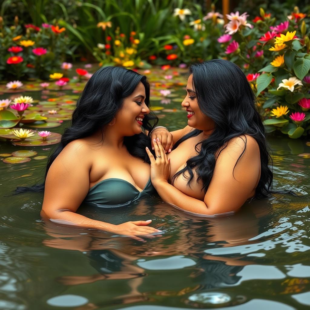 Two beautiful Indian ladies, both in their mid-30s with long black hair and curvy figures, are playfully engaging with each other in the shallow waters of a wildlife pond